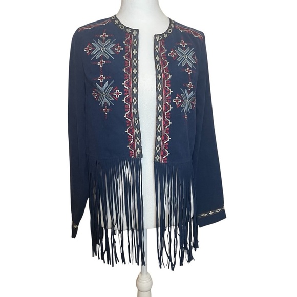 Flying Tomato Blue Faux Suede Southwestern Jacket Fringe Embroidered Small Aztec - Picture 3 of 16